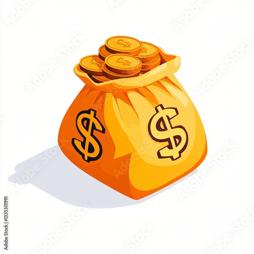 Isometric Icon of Money Bag with Coins on White Background for Financial Concepts
