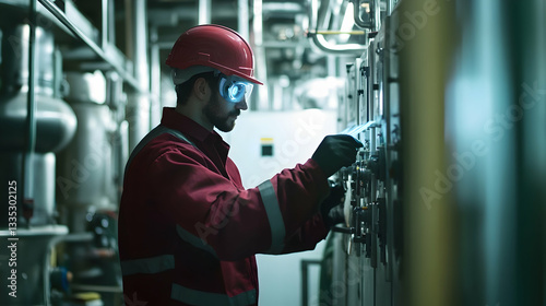 Technician using advanced sensors to monitor gas leaks in an industrial plant, futuristic safety technology