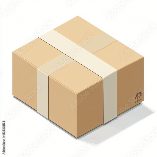Isometric Flat Icon of Brown Package Box with Tape Isolated on White Background for Design
