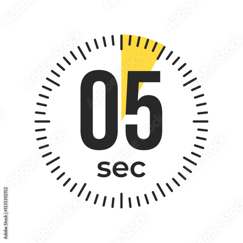 5 or five second Timer, clock, stopwatch isolated icons. Countdown timer symbol. Label cooking time. Minute timer, Time measure, Chronometer, Alarm, Kitchen timer, label, sticker, stamp.  Vector