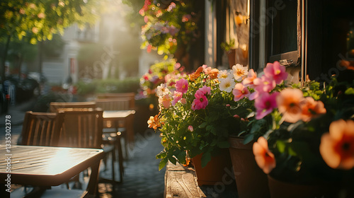 Terrace seats of a restaurant decorated with cute flowers, creating an inviting and warm dining atmosphere