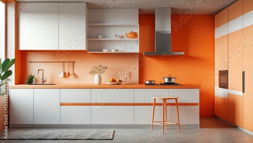 Aesthetic gradient white to orange themed kitchen interior concept