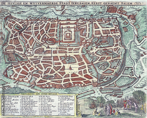 Detailed historical map of Jerusalem, formerly known as Salem, highlighting urban layout and Temple Mount, offering glimpse into 17th-century cartography