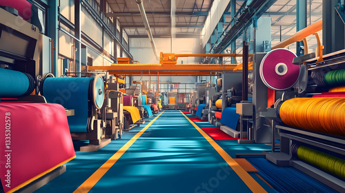 Textile factory producing colorful fabrics with large weaving machines and vibrant threads