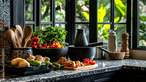 Thai-inspired kitchen counter with fresh ingredients and a mortar and pestle for papaya salad