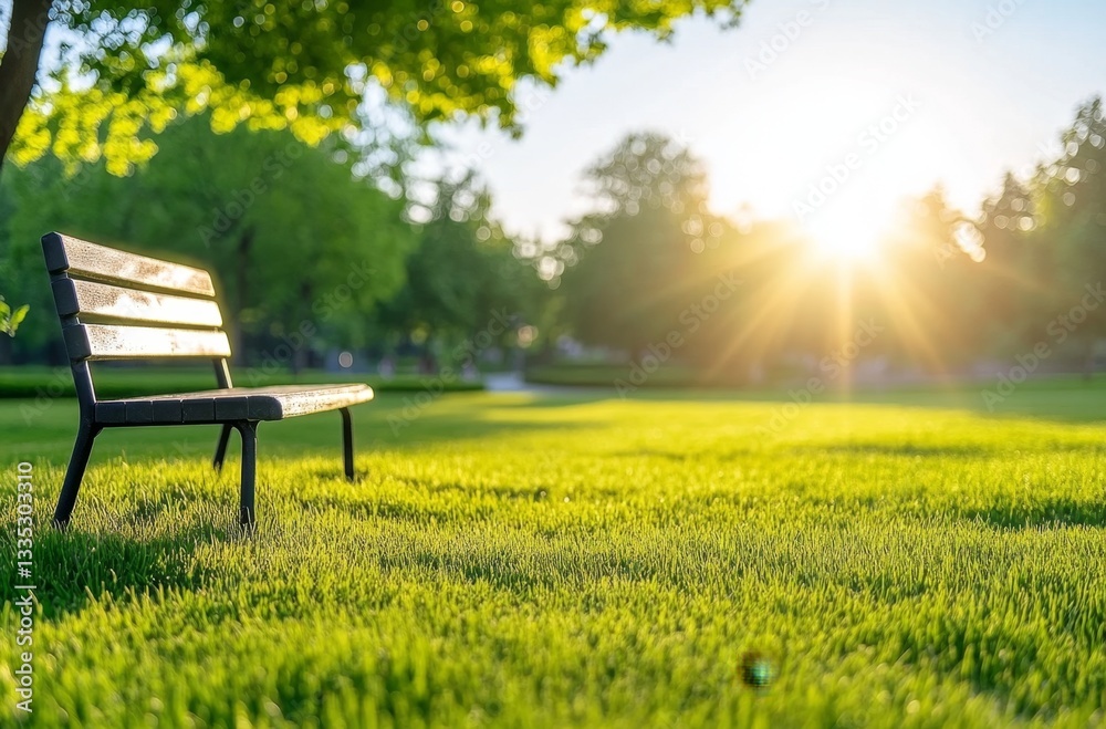 Empty park bench bathed in golden sunlight Empty park bench bathed in golden sunlight