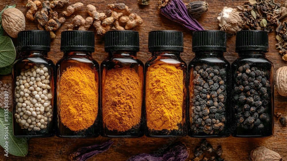 Six amber bottles filled with various spices and herbs Six amber bottles filled with various spices and herbs