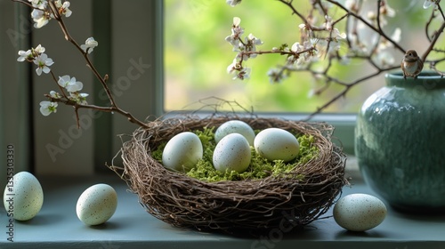 Colorful Eggs Displayed in a Nest Surrounded by Spring Flowers Near a Sunny W...
