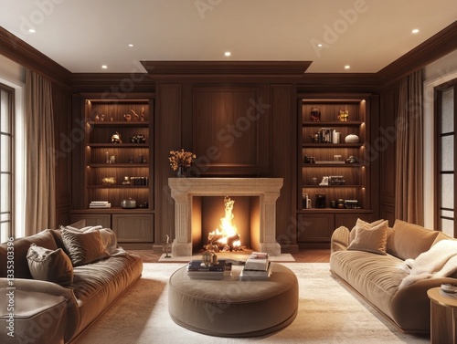 A warm living room with a fireplace and two couches