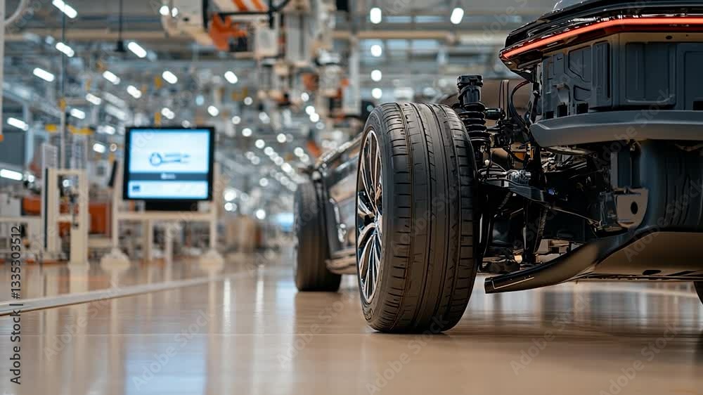 Close-up of a car tire in a modern automotive factory with machinery and screens in background Close-up of a car tire in a modern automotive factory with machinery and screens in background