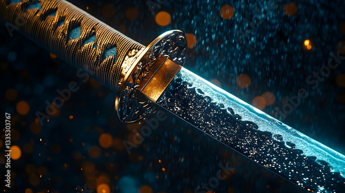 The gleam of a beautifully crafted katana sword, symbolizing strength and tradition