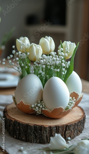 Decorative Easter Eggs With Tulips and Flowers Arranged on Wood
