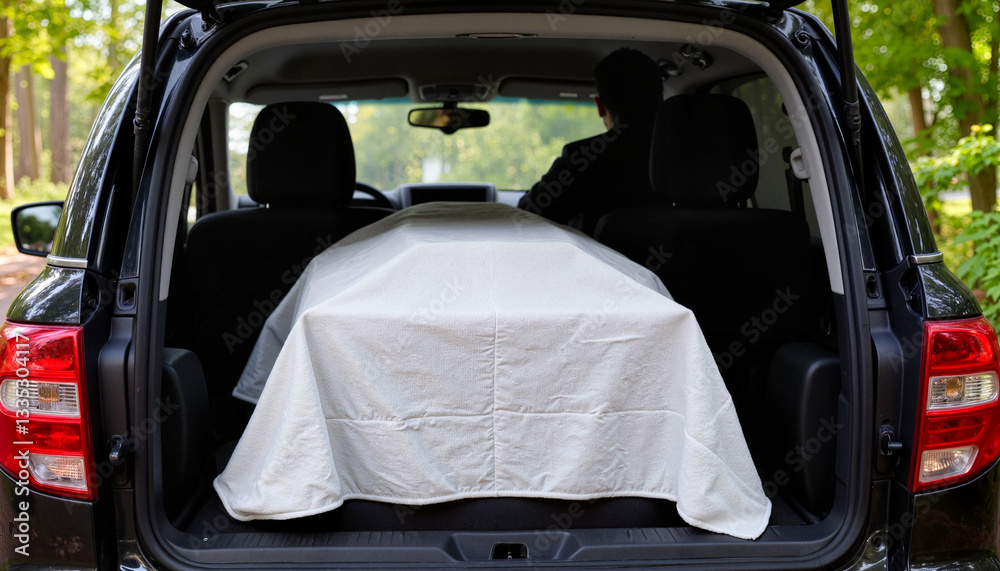 Fototapeta premium A man is sitting in a car with a coffin in the trunk, covered with a cloth