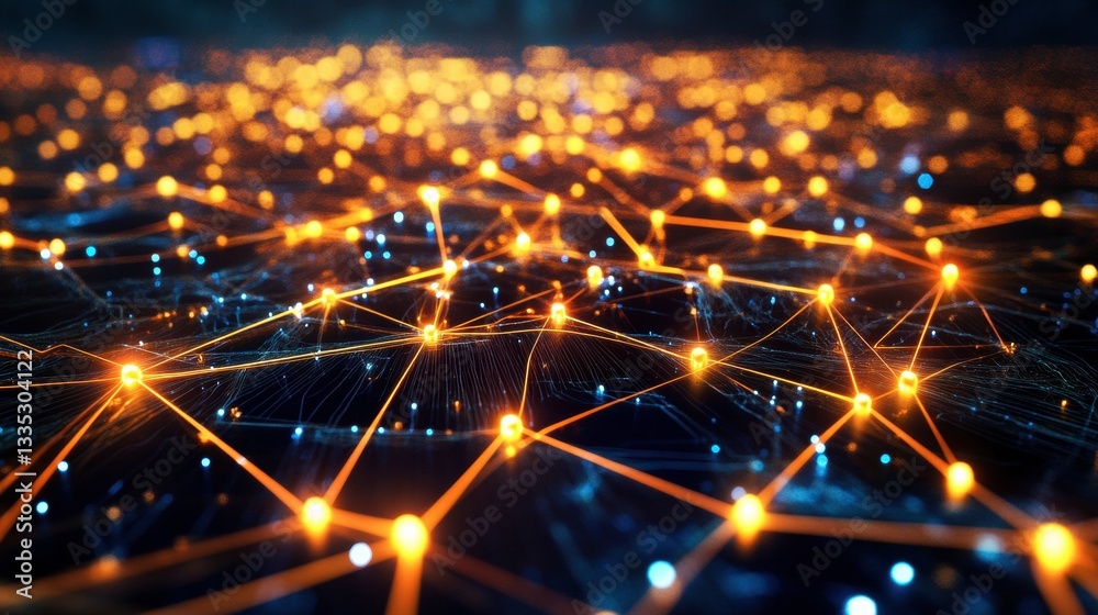 Fototapeta premium A 3D blockchain-powered smart energy system, with glowing data blocks moving through a decentralized grid