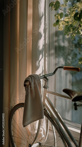 Sunlight Streaming Through a Window Onto a Vintage Bicycle by a Garden in a C...