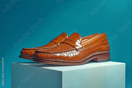 Stylish Leather Loafers Displayed on a Pedestal Against a Vibrant Blue Backgr...