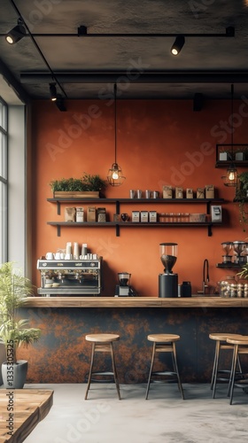 Cozy Coffee Shop Interior With Warm Orange Color Scheme and Decorative Plants...