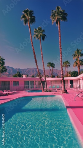 Vibrant Pink Poolside Retreat With Palm Trees in Sunny Location