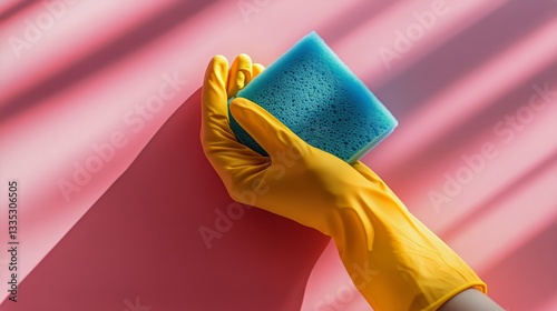 Bright Yellow Glove Holding Blue Sponge Against Light Background in Home Clea...