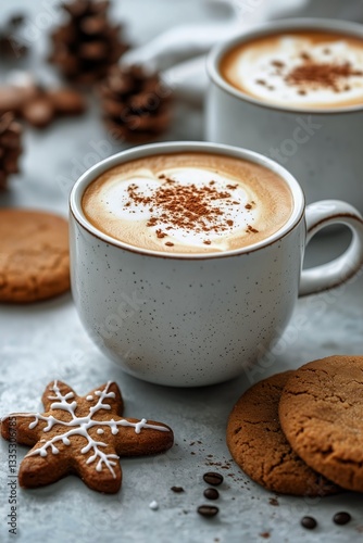 Warm Coffee With Gingerbread Cookies and Pinecones in a Cozy Winter Setting