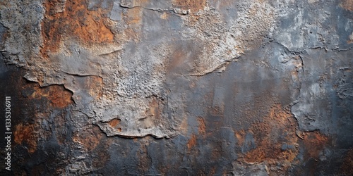 Abstract background features a highly detailed metal texture showcasing weathered iron with corrosion and natural patina in rust and gray hues emphasizing industrial decay