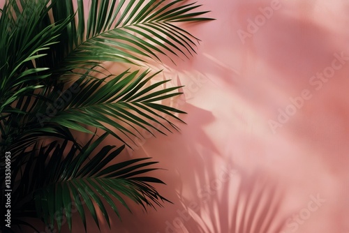 Shadows of Vibrant Green Leaves Against a Soft Pink Wall Create a Tranquil At...