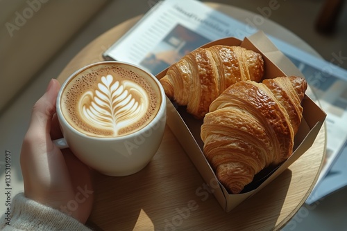 Delicious Coffee and Croissant at a Cozy Cafe on a Sunny Morning