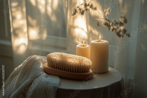 Natural Beauty Setup With Candlelight and a Wooden Brush in a Serene Indoor E...
