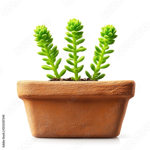 Three green plants growing inside a textured clay flower pot photo