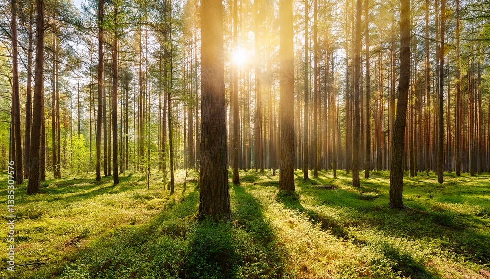Fototapeta premium beautiful forest in spring with bright sun shining through the trees