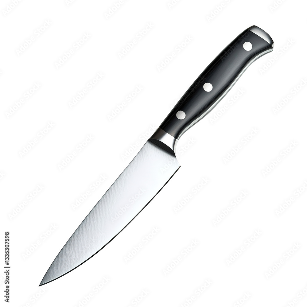 This image presents a close-up of a stainless steel kitchen knife, isolated on transparent background. This image presents a close-up of a stainless steel kitchen knife, isolated on transparent background.