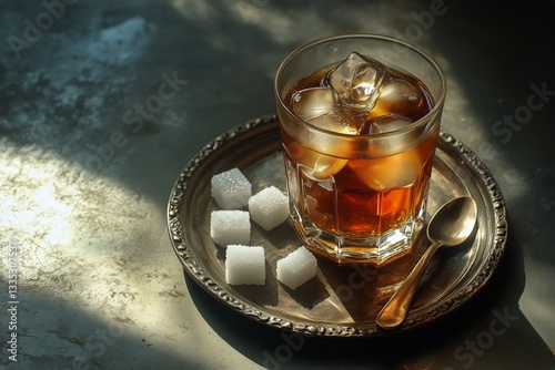 Refreshing Iced Beverage With Sugar Cubes on a Round Tray in a Cozy Setting