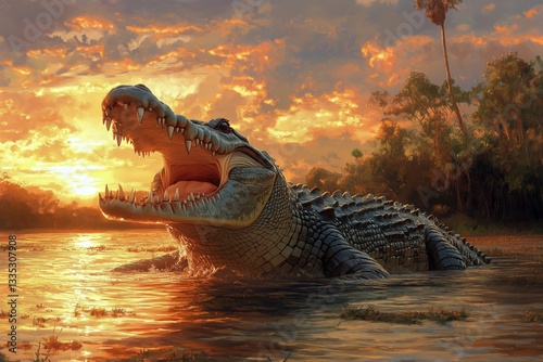 Large Crocodile Emerges From Water at Sunset Near Lush Landscape