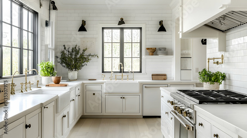 Trendy white kitchen with clean lines and modern fixtures