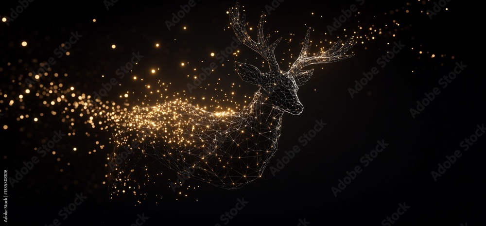 Fototapeta premium Golden-lit deer, particle effect, dark background