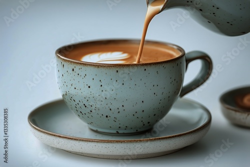 Pouring Hot Beverage Into a Speckled Ceramic Cup on a Light Background
