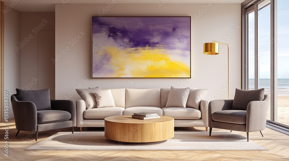 Fototapeta premium A cozy yet minimalist living room with an abstract painting in shades of purple and yellow above a neutral beige sofa