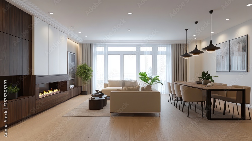 Obraz premium A cozy yet modern apartment interior with light oak flooring, white walls, and dark wood cabinets