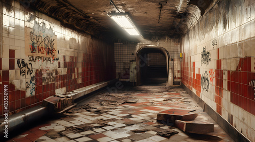 Urban decay in a disused subway station, with broken tiles, graffiti, and eerie, dim lighting