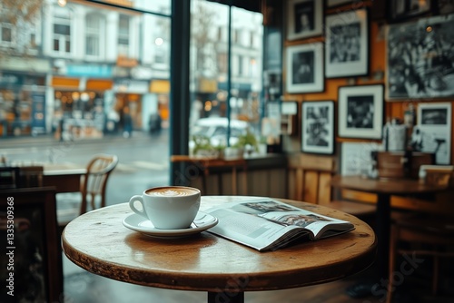 Cozy Cafe Interior With a Cup of Coffee and Newspaper on a Wooden Table Durin...