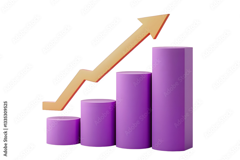 3D Bar Chart with arrow rising icon on isolated purple background. Soaring finances, strengthening currency concept. Minimal Data analysis bar pie graph growth up with an arrow rising icon. 3d render.