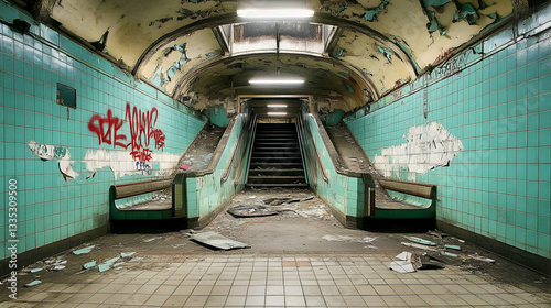 Urban decay in a disused subway station, with broken tiles, graffiti, and eerie, dim lighting