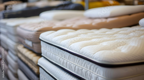 Various mattresses on display in a store, seen up close for product inspection