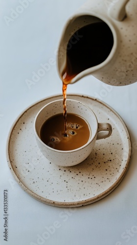 Warm Coffee Being Poured From a Pot Into a Speckled Cup on a Simple Plate