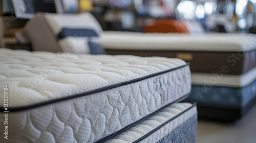 Various mattresses on display in a store, seen up close for product inspection