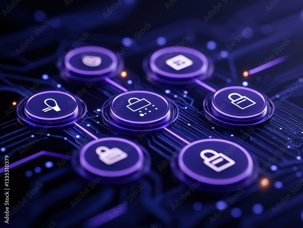 Abstract digital security interface with icons and glowing circuitry background Abstract digital security interface with icons and glowing circuitry background