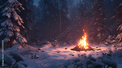 Vibrant campfire in a snow-dusted forest