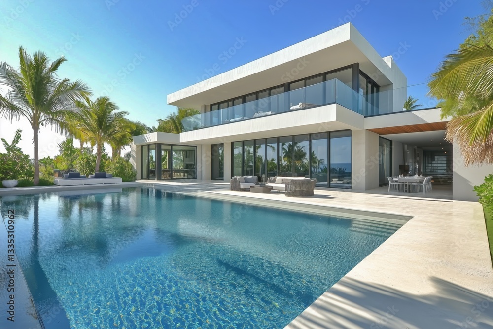 Fototapeta premium Modern Beachfront Villa With Pool and Tropical Landscaping in Sunny Destination