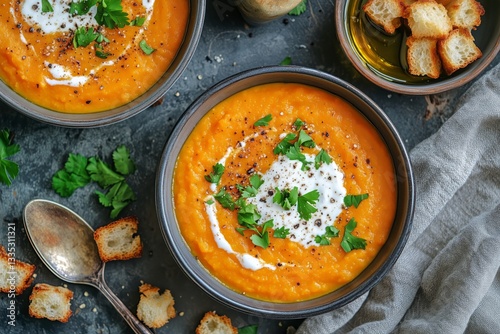 Warm Bowls of Carrot Soup Topped With Croutons and Herbs on a Rustic Table Se...