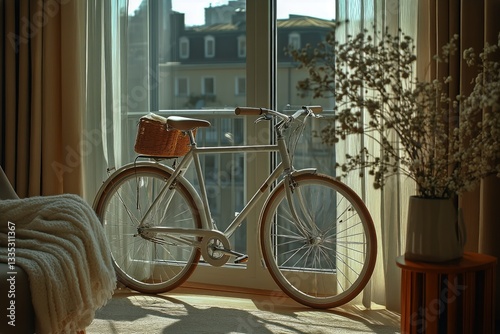 Bicycle With Blanket and Flowers Near Window in Cozy Indoor Space